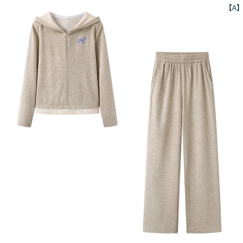 セットアップ レディース スウェット パーカー パンツ 上下セット 運動着 部屋着 ルームウェア スポーティー カジュアル 長袖 ポリエステル 春秋冬 杏色 ダークグレー