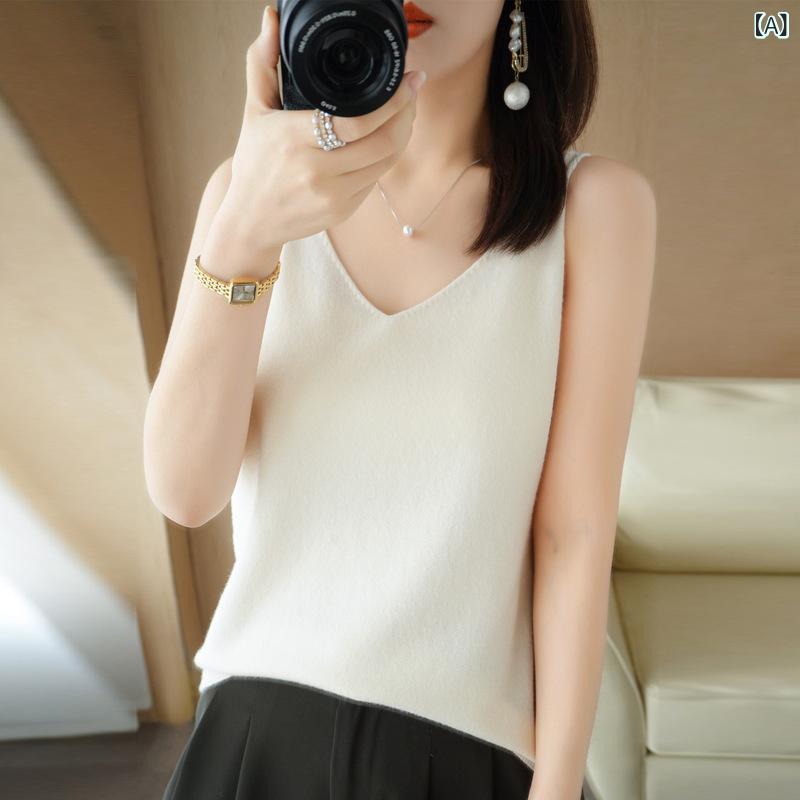 ニット キャミソール レディース 春夏 トップス Vネック ノースリーブ インナー 接触冷感 伸縮性 ベー..