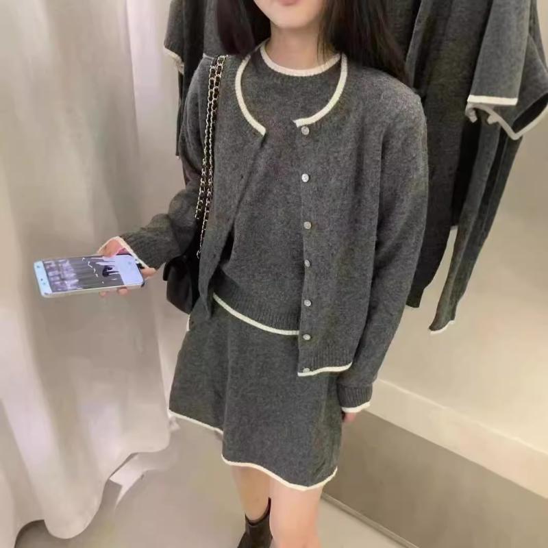 ニット セットアップ レディース 高級感 カーディガン 半袖 ニットワンピース スカート 3点セット 灰色..