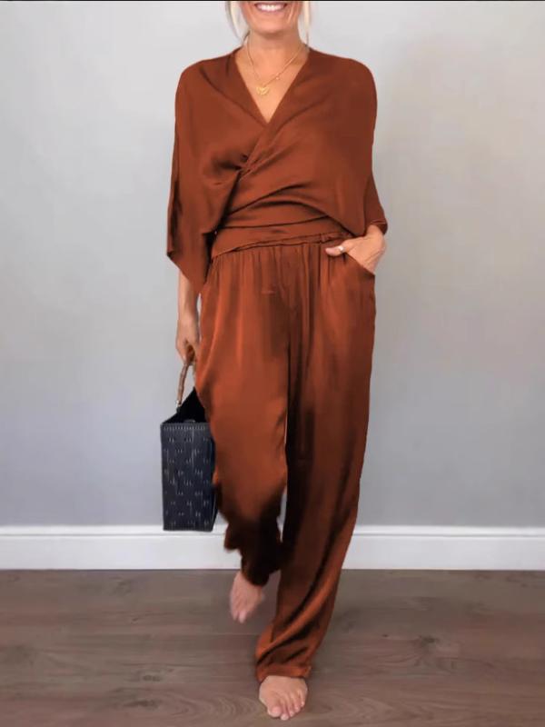 セットアップ レディース パンツ 半袖 チュニック ブラウス ズボン ポリエステル 無地 黒 ブラック グレー 白 ホワイト ブラウン レッド ブルー S M L XL 2XL 3XL 90% 快適 普段使い