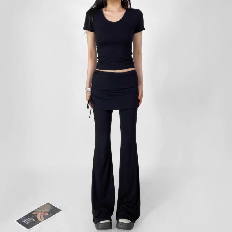 Tシャツ レディース パンツ セットアップ Uネック トップス ＆ パンツ 上下セット 接触冷感 無地 伸縮性 韓国ファッション グレー ブラック ブラウン 春夏