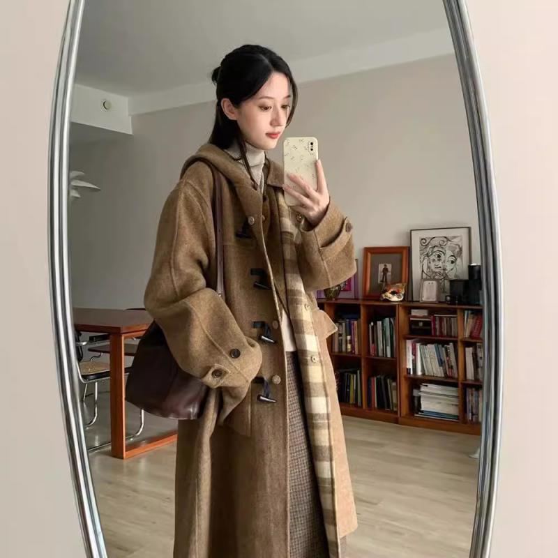 コート レディース 秋冬 格子柄 ウール ロング丈 フード付き オーバーサイズ ドロップショルダー 日韓スタイル カジュアル 黄色