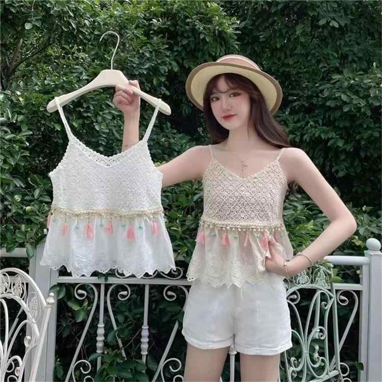 キャミソール レディース トップス ニット 刺繍 幾何学模様 ショート丈 かわいい 清新 甘め コットン