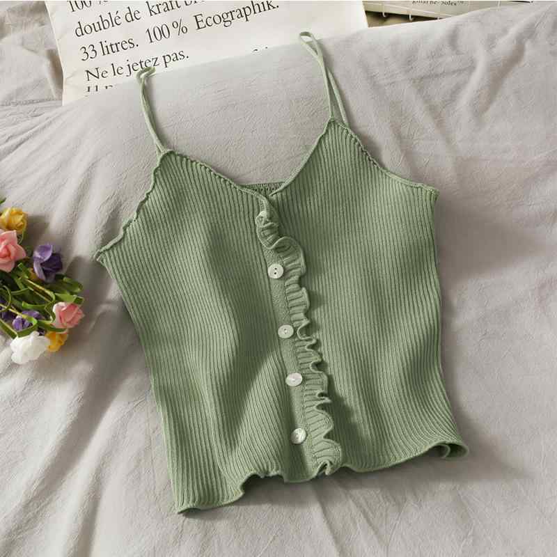 タンクトップ レディース 韓国風 ニットキャミソール スリム 無地 木耳フリル 伸縮性 ポリエステル コ..
