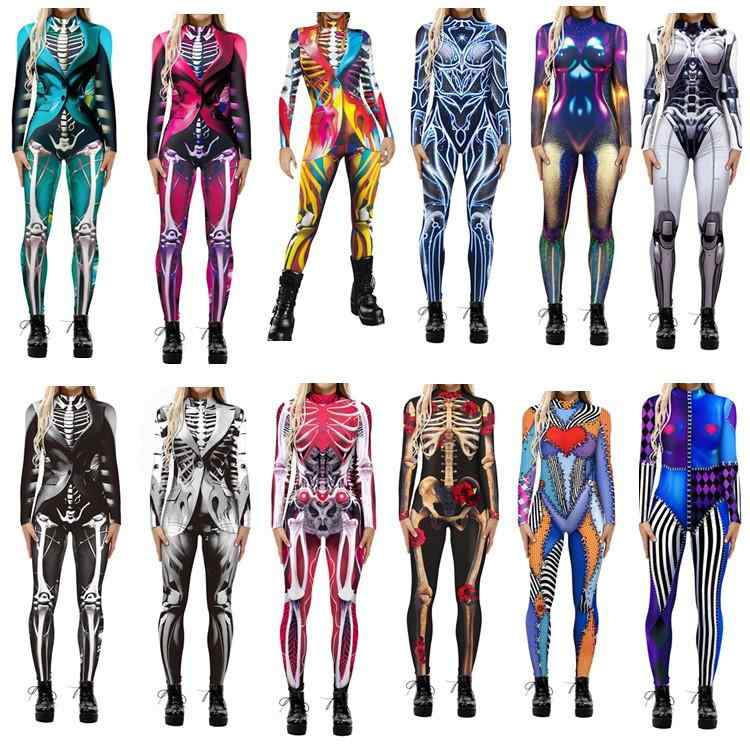 コスプレ ハロウィン レディース ポリエステル製 スーツ 全身タイツ デジタルプリント 骸骨 ドクロ ス..