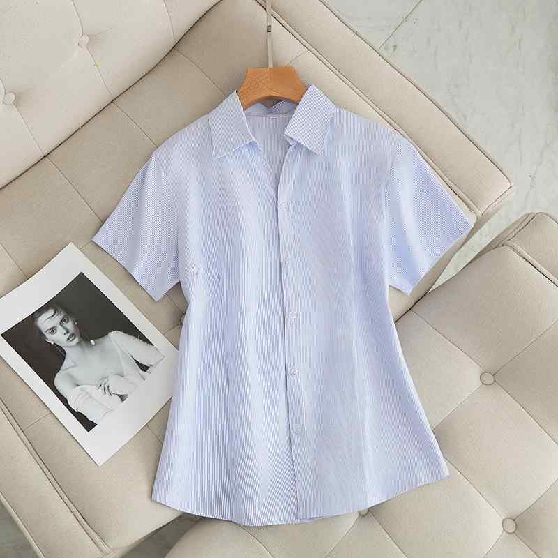 シャツ レディース ストライプ柄 長袖 半袖 ブラウス オフィス ビジネス フォーマル 大きいサイズ 綿混 Vネック 高腰 通勤着