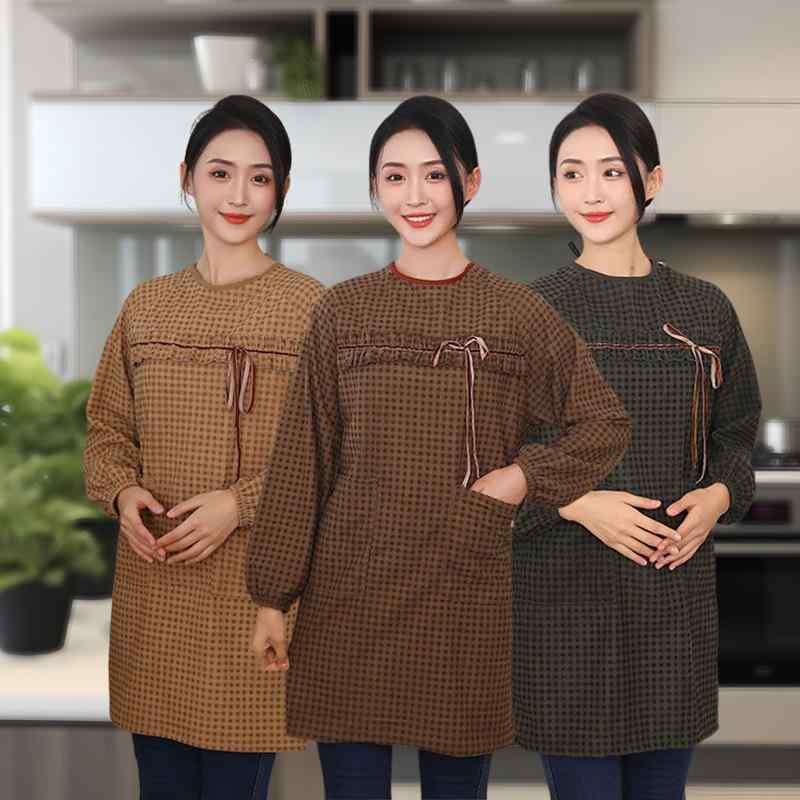 エプロン レディース 長袖 防油 撥水 汚れ防止 家庭用 作業着 春秋冬 コーデュロイ ストライプ おしゃ..