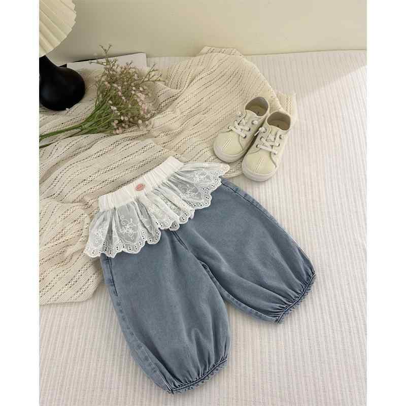 子供服 女の子 レース 花柄 デニム 7分丈 パンツ 柔らかい 薄手 夏 B類 幼児 80 90 100 110 120 ブルー