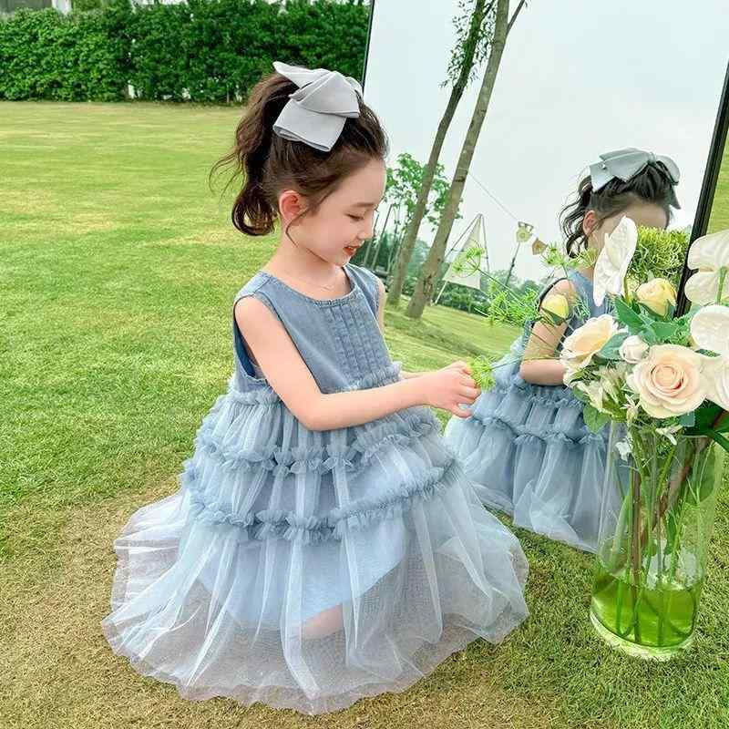 ワンピース キッズ 女の子 子供 デニム チュール ノースリーブ Aライン プリンセス 春