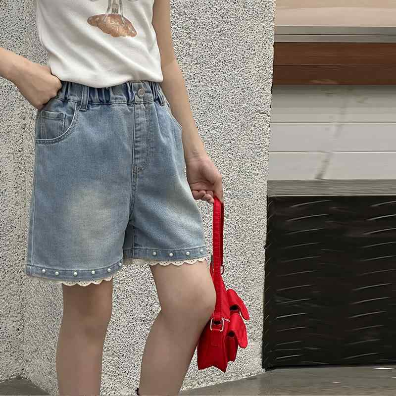 キッズ デニムショートパンツ 高学年 女の子 夏 薄手 ジーンズ ホットパンツ パール フリル かわいい ..