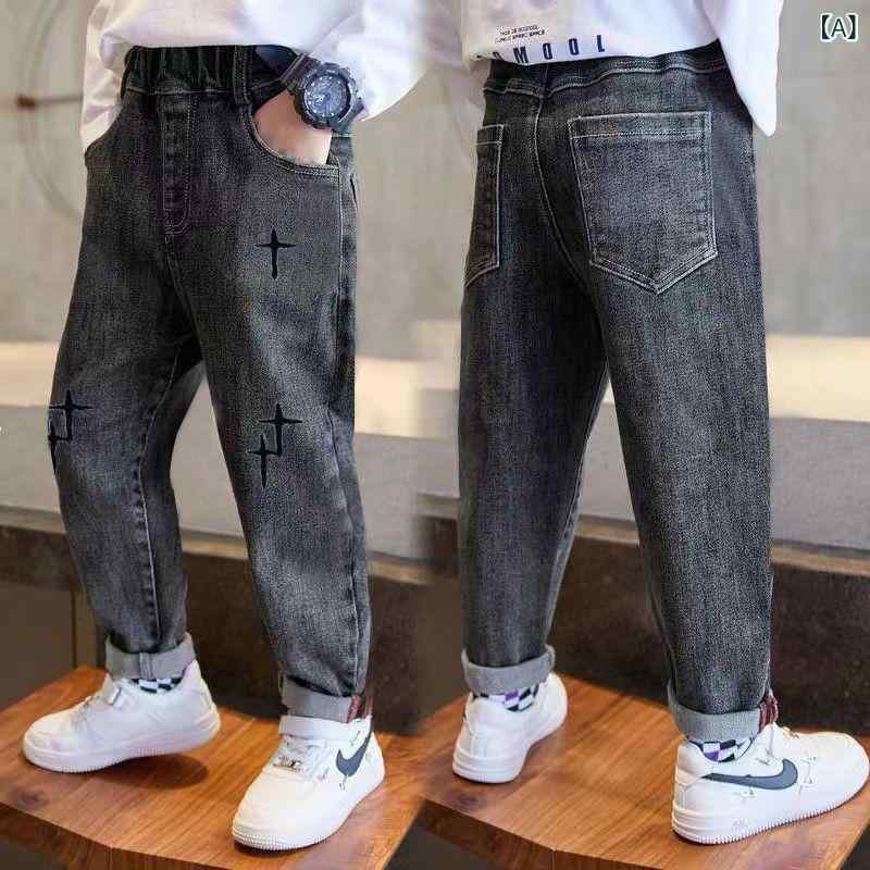 子供服 パンツ 男の子 春秋 デニム ジーンズ ズボン キッズ ジュニア 8歳以上 コットン 刺繡 星柄 プリ..