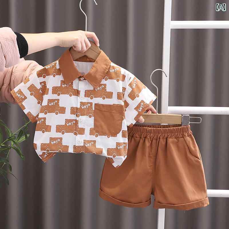 キッズ 男の子 半袖 シャツ パンツ 2点 セットアップ 薄手 夏服 上下セット 綿 カートーン プリント 80cm 90cm 100cm 110cm 120cm