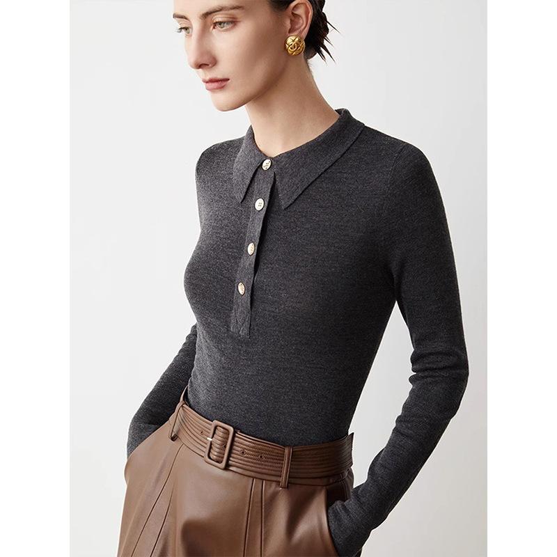 ニット・セーター レディース 長袖 薄手 メリノウール POLO襟 トップス 通勤 オフィスカジュアル 無地 ..