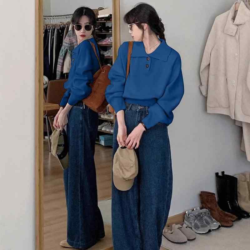 ニット・セーター レディース 秋冬 POLOネック ブルー系 ゆったり 厚手 あったか 通勤 普段使い オフィ..