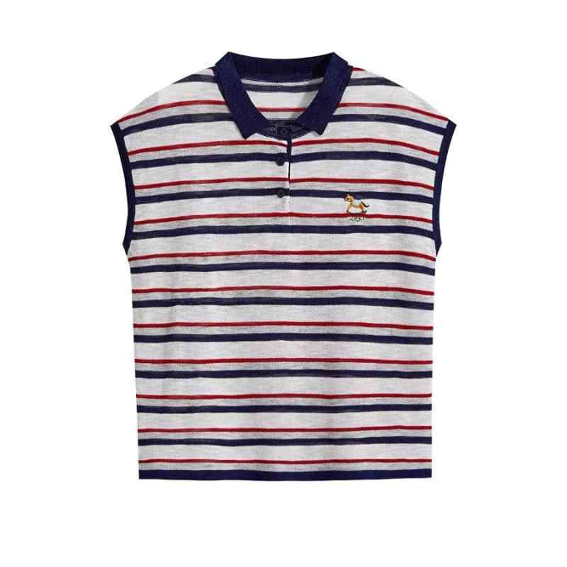 ニット レディース 半袖 ポロシャツ 襟付き ボーダー柄 トップス カットソー ゆったり 薄手 日韓風 カ..