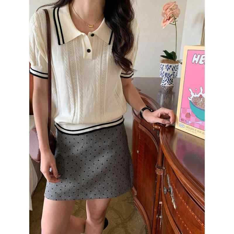 ニット レディース 春夏 半袖 POLO襟 配色 学院風 ゆったり 接触冷感 トップス カットソー かわいい 普..