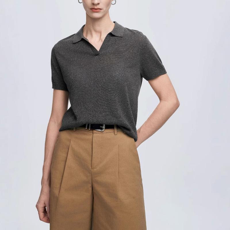 ニット ポロシャツ レディース Vネック 半袖 トップス 再生繊維 ゆったり 接触冷感 無地 銀河グレー アイスコーヒー 流光ホワイト きれいめ 通勤