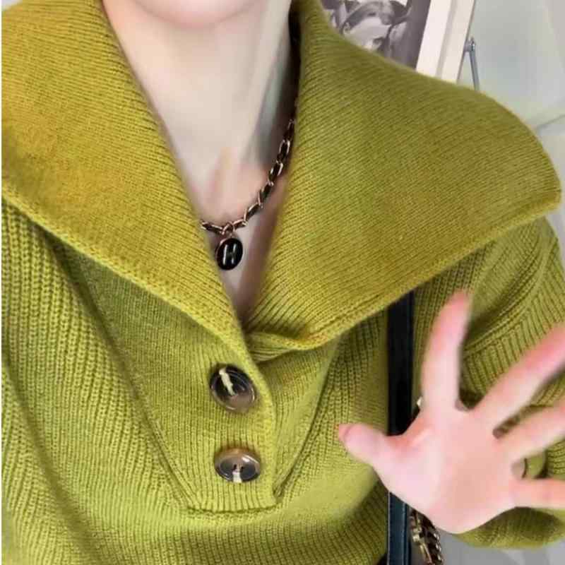 ニット・セーター レディース 秋冬 韓国風 ゆったりめ POLO襟 プルオーバー トップス 幾何学模様 ミド..