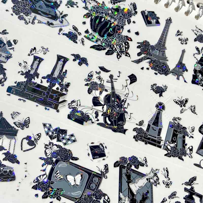 テープ 手帳素材 コラージュ デコレーション PETテープ 渡江春 夏満池 秋葉落 雪冬霜 藍海如鏡 暗蝶紛飛 ベ殻光