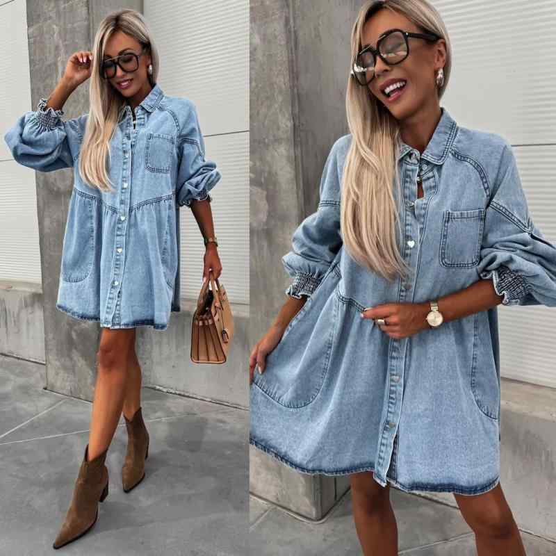 ワンピース レディース 春夏 デニム シャツワンピース 長袖 POLO襟 膝上丈 Aライン フレア 無地 ゆった..