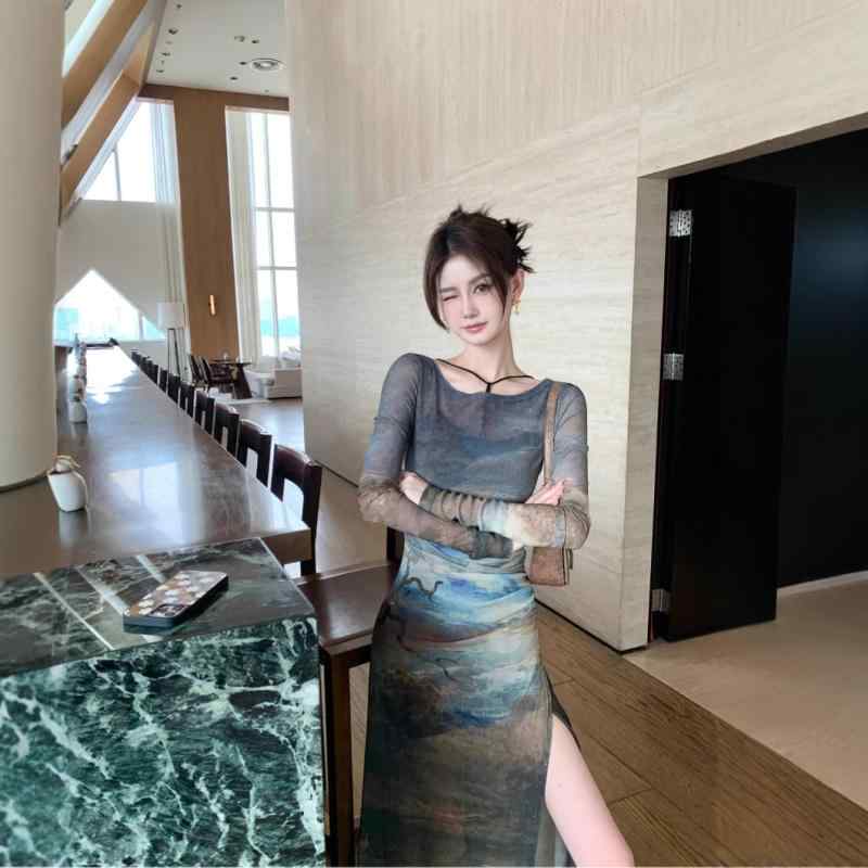 ワンピース レディース 油絵 絞り染め チュール メッシュ スリット ロング マキシ丈 キャミソール 2点..