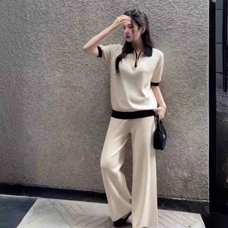 セットアップ レディース 半袖ニット トップス パンツ 上下 2点セット 配色 ゆったり カジュアル きれ..