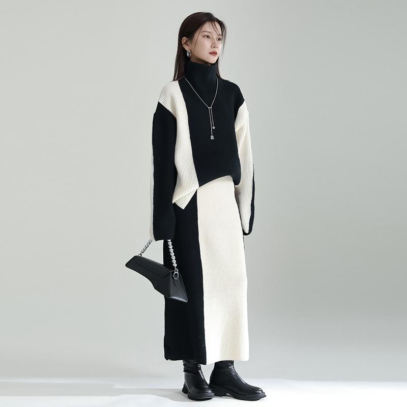 ニットスカートセット レディース 春物 ニットトップス ミモレ丈スカート 上下セット 婦人服 長袖 高品..