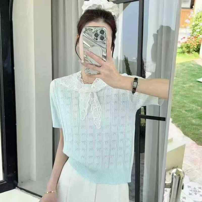 ニット レディース 韓国風 ノースリーブ トップス レース ショール 付き かわいい 蝶結び 透かし編み ..