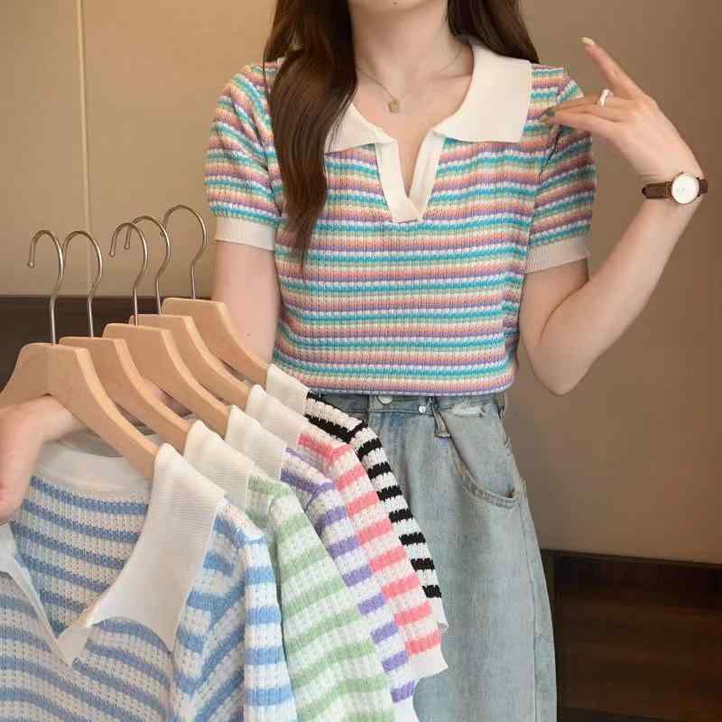 ニット・セーター レディース 半袖 ポロシャツ風 ストライプ柄 スリム 薄手 かわいい トップス 接触冷..