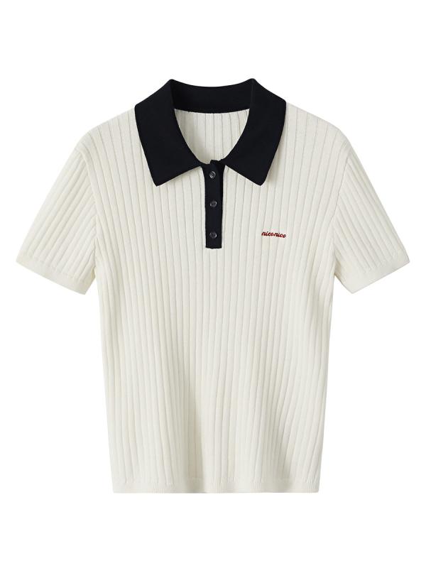 ニット・セーター レディース トップス 春物 ポロネック 3分袖 切り替え 粘性繊維 接触冷感 通勤 かわ..