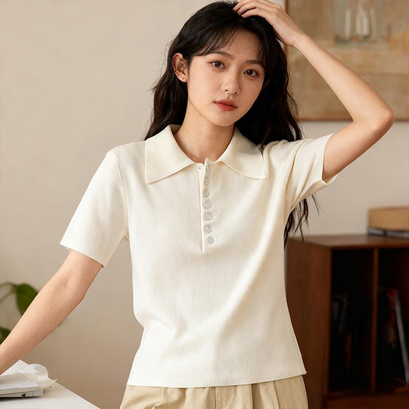 ニット レディース 春夏 半袖 ポロシャツ風 杏色 トップス プルオーバー サマーニット エレガント きれ..