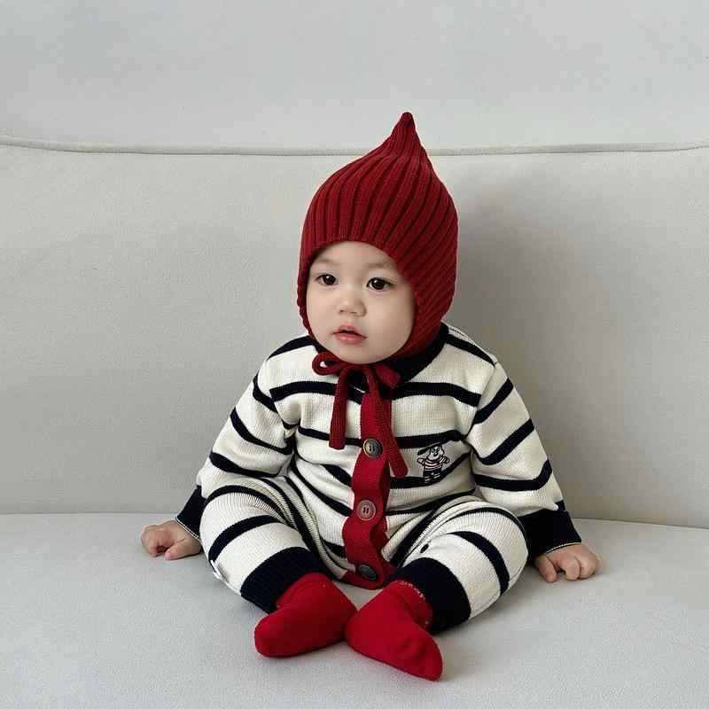 ベビー服 ロンパース 春秋 長袖 ニット 男の子 女の子 満月 百日祝い かわいい ベビー ウェア カバーオール ストライプ 刺繍 韓国風 赤ちゃん 幼児 66 73 80 90 100cm