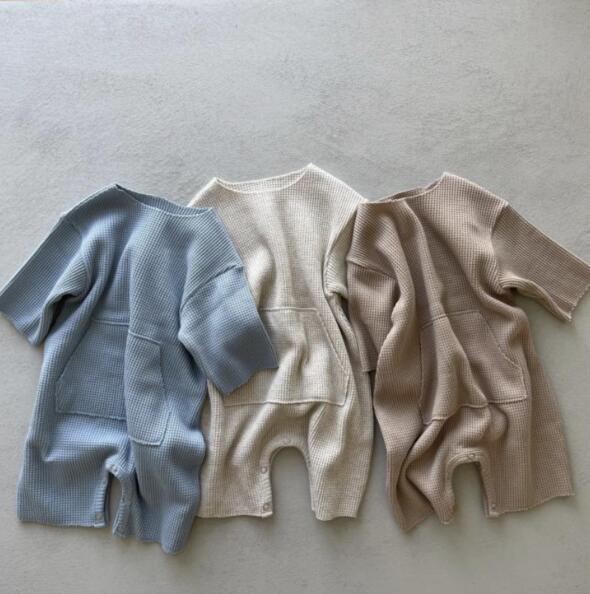 ベビー服 長袖ロンパース ワッフル コットン 春秋 男女兼用 新生児 赤ちゃん 快適 杏色 ブルー ブラウ..