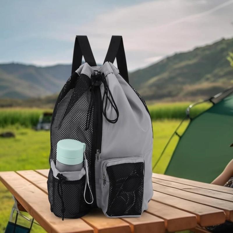 水泳バッグ メッシュ 巾着 バックパック 防水 ビーチバッグ ジム スポーツ 練習用具 軽量 20L以下 ブラ..