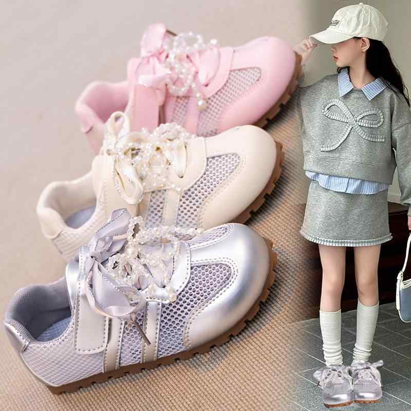 子供靴 大メッシュ 通気性 スニーカー 春夏 子供 女の子 運動靴 スリッポン ピンク ベージュ シルバー ..