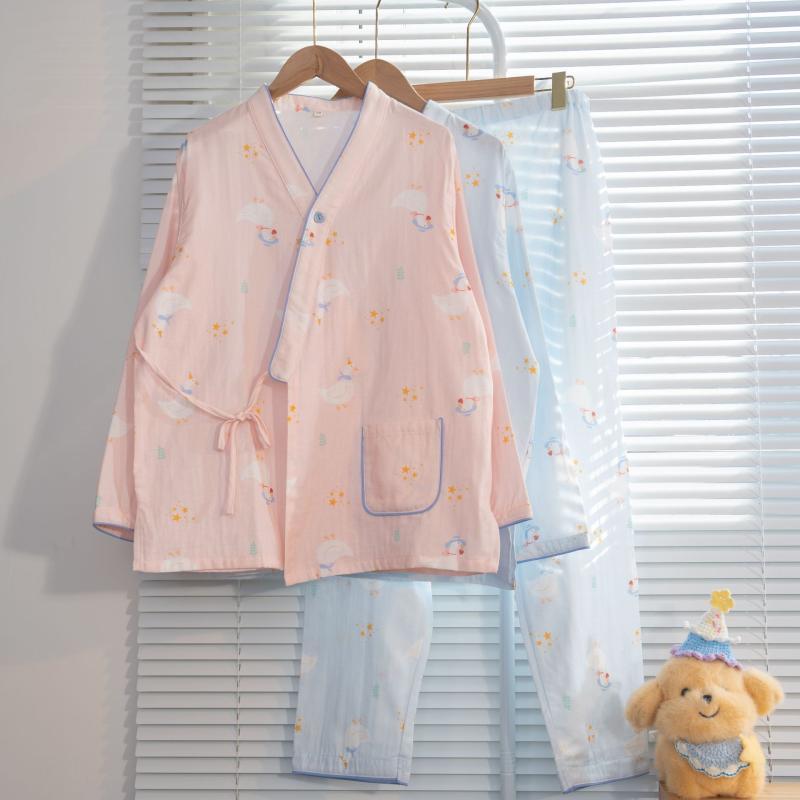 パジャマ レディース 和風 純綿 二重ガーゼ 授乳服 調節可能 ルームウェア 春夏 秋冬 薄手 長袖 長ズボ..