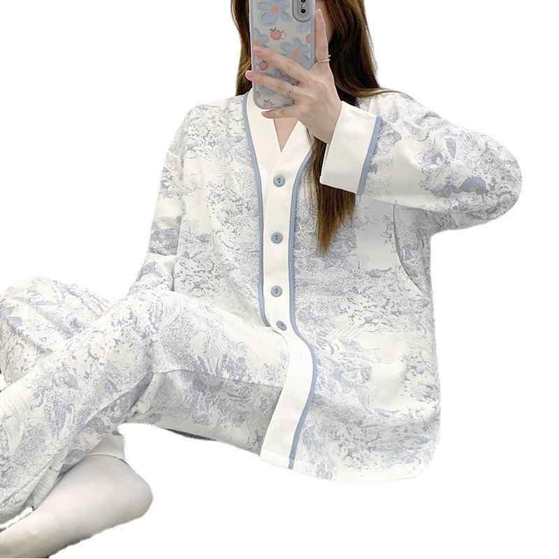 マタニティ パジャマ レディース 産後 授乳服 綿100% 長袖 長ズボン 上下セット 春秋 水墨画柄 Vネック..