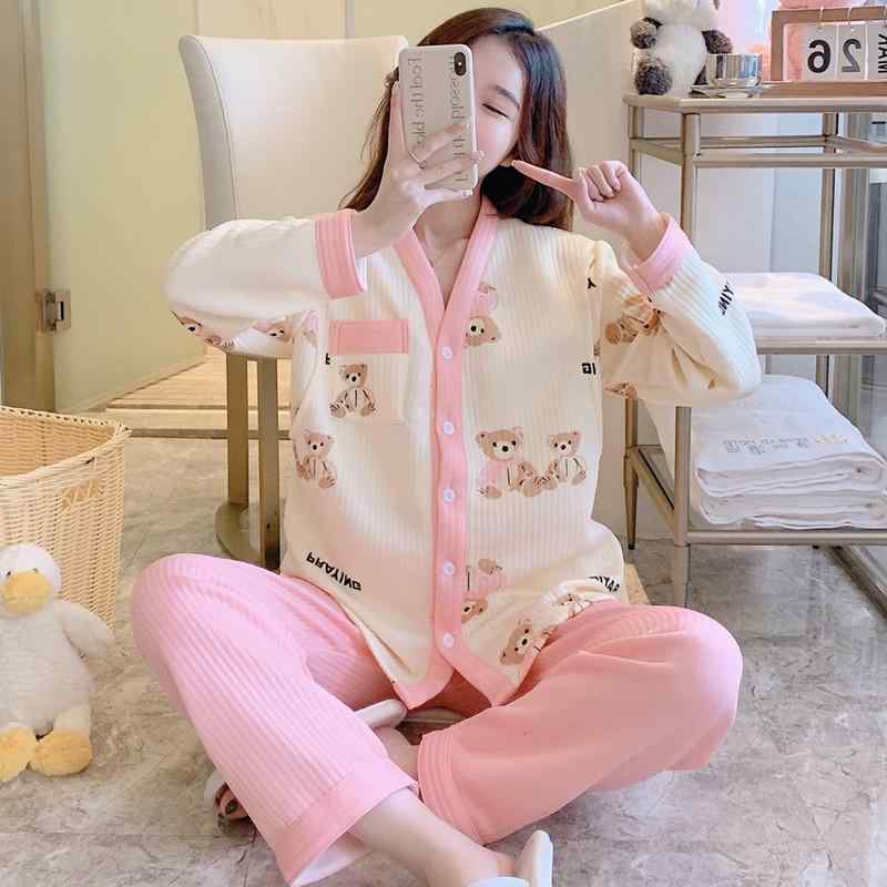 マタニティウェア レディース 秋冬 産後 パジャマ 上下セット 綿 混紡 長袖 部屋着 ルームウェア かわ..