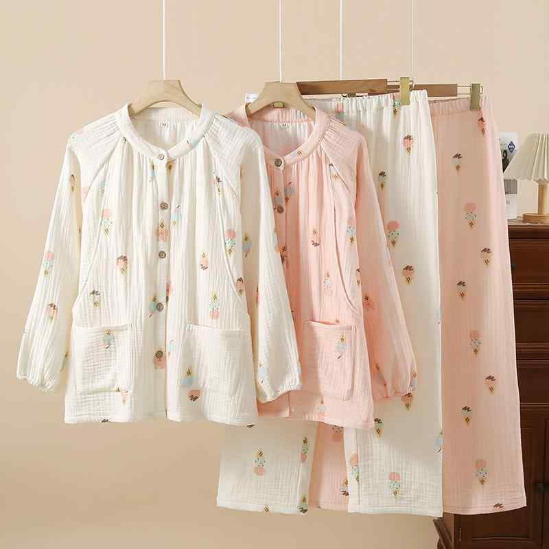 パジャマ レディース 婦人用 マタニティウェア 春秋冬 綿100% 4重ガーゼ 長袖 長ズボン 厚手 ルームウ..