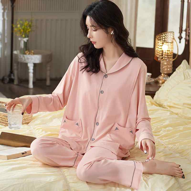 パジャマ レディース 春秋 長袖 2点セット 綿 混紡 襟付き 前開き 授乳 マタニティ ルームウェア ホー..