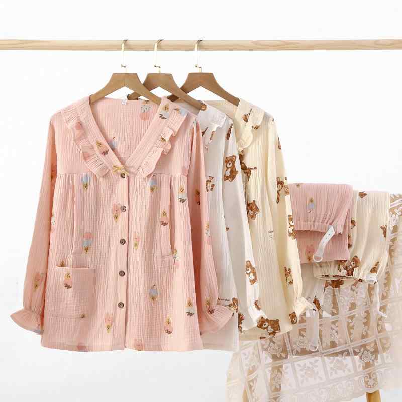 パジャマ レディース 授乳服 春夏 薄手 綿100% ガーゼ 吸汗 通気性 長袖 長ズボン 2点セット 部屋着 ル..