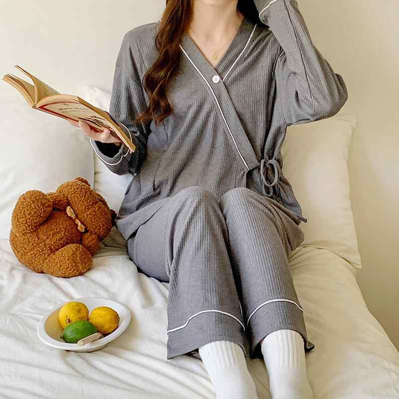 パジャマ レディース マタニティ 長袖 綿 春秋 授乳服 前開き 妊婦 産後 ルームウェア 上下セット M L ..