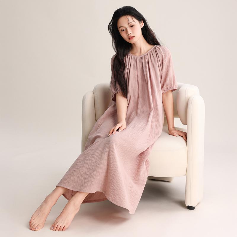 ワンピース レディース パジャマ ルームウェア 半袖 春夏 薄手 ラウンドネック コットン 快適 部屋着 ..