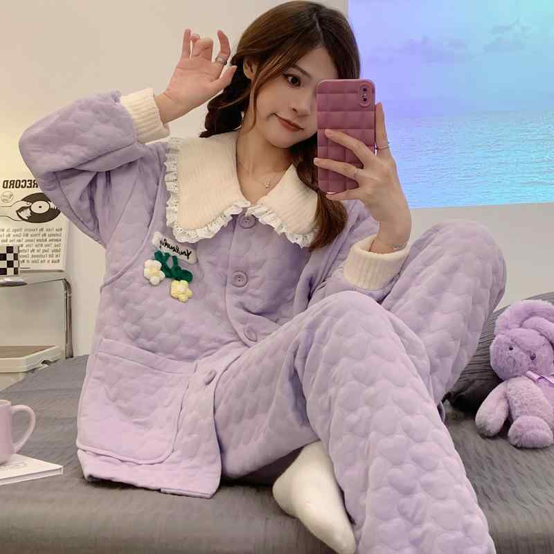 パジャマ レディース 秋冬 厚手 コットン 妊婦 産後 マタニティ 授乳服 ホームウェア 上下セット かわ..