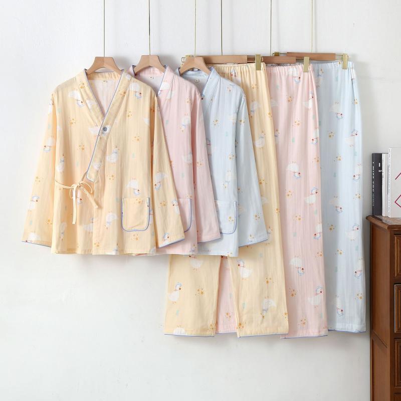 パジャマ レディース 授乳服 春夏 和風ガーゼ 綿100% 長袖 長ズボン 上下セット かわいい アヒル柄 部..