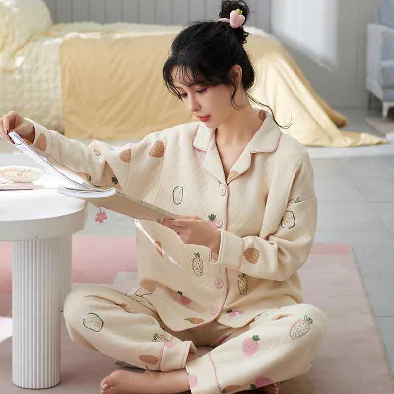 パジャマ レディース 秋冬 授乳服 長袖 前開き 妊婦 マタニティウェア 上下セット 厚手 ポリエステル ..