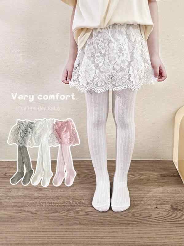 子供用靴下・タイツ ベビー レース スカート付き レギンス 薄手 通気性 精梳綿 無地 春夏 ホワイト ピンク系 グレー