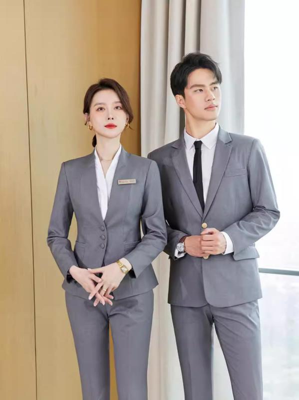 スーツ レディース グレー Vネック 美容師 ジュエリーショップ 受付 フォーマル 職業着 セットアップ スカート パンツ ポリエステル 粘胶