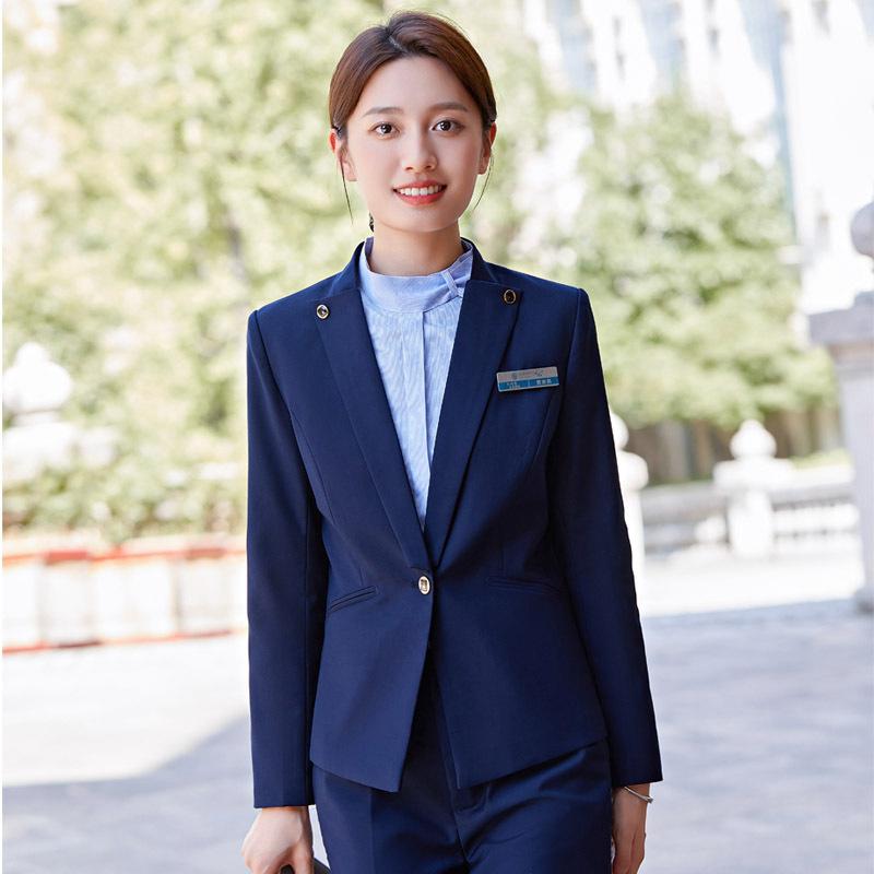 スーツ レディース 春秋 事務服 ポリエステル 仕事着 長袖 紺ブレザー ズボンまたはスカートと長袖または半袖シャツのセット 大きいサイズあり
