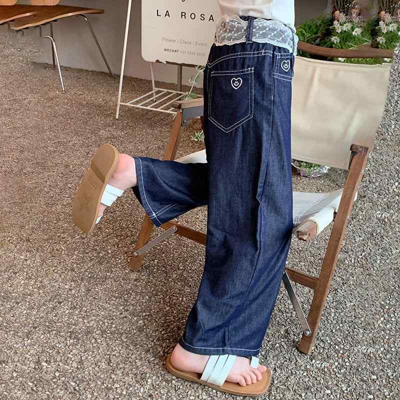 子供服 デニムパンツ 女児 キッズ ロングパンツ 薄手 ゆったり カジュアル 普段着 ミドルウエスト 深青色